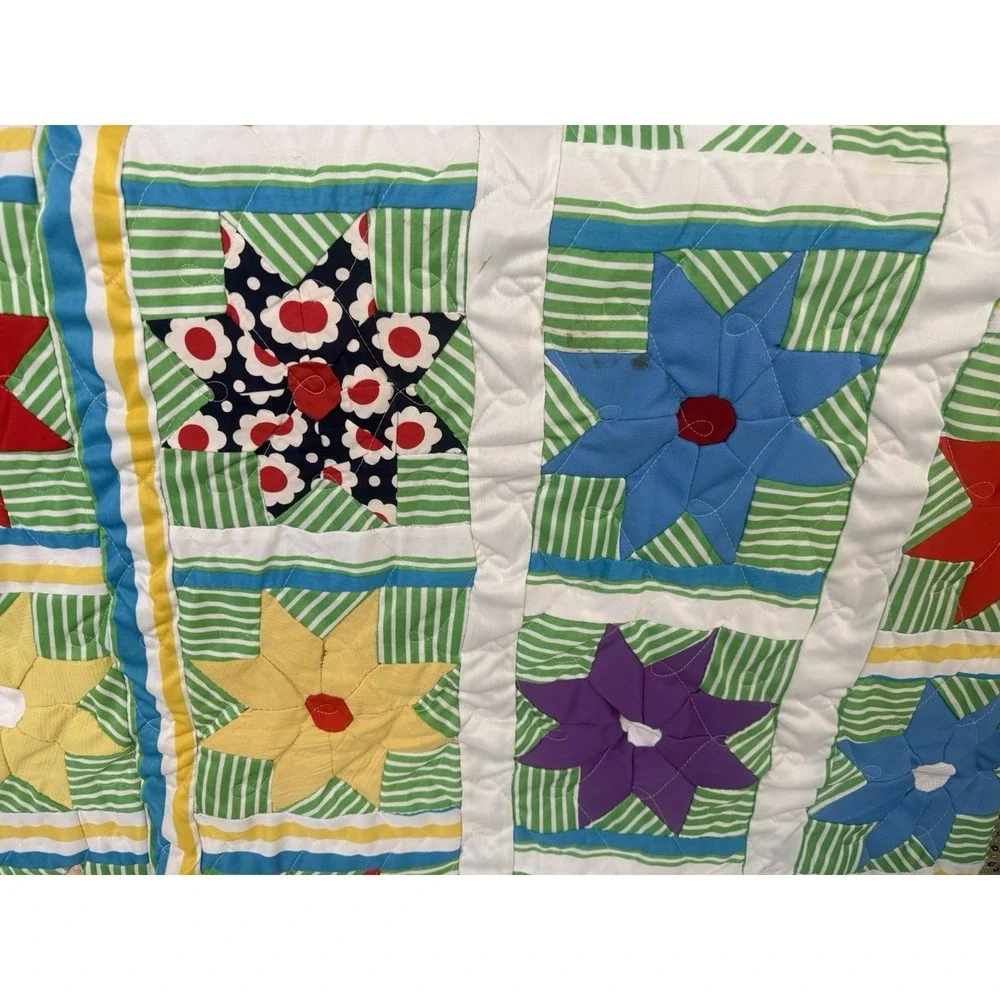 VTG Handmade Patchwork Quilt Floral‎ Star Striped Pattern Boho Farmhouse 70x78